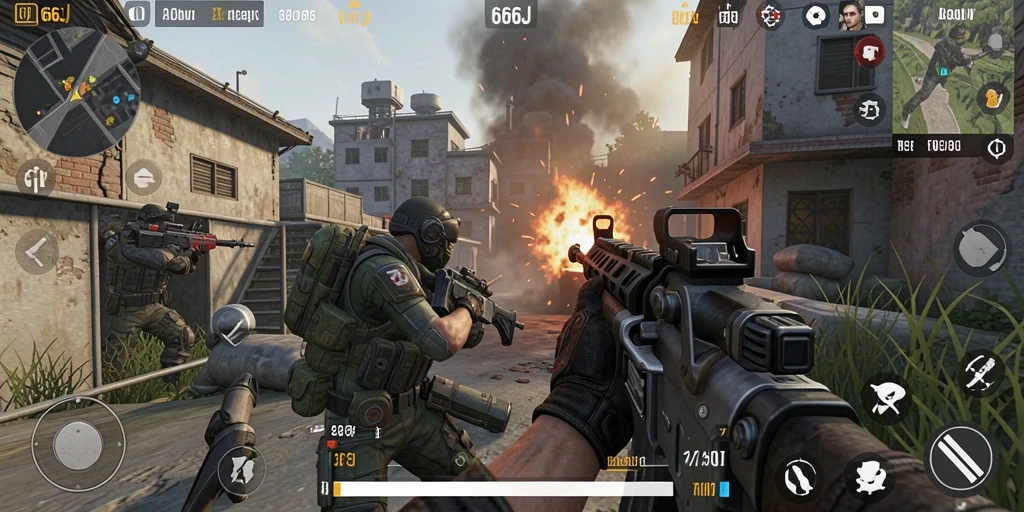 Screenshot utama dari gameplay 666J menampilkan aksi FPS yang intens.