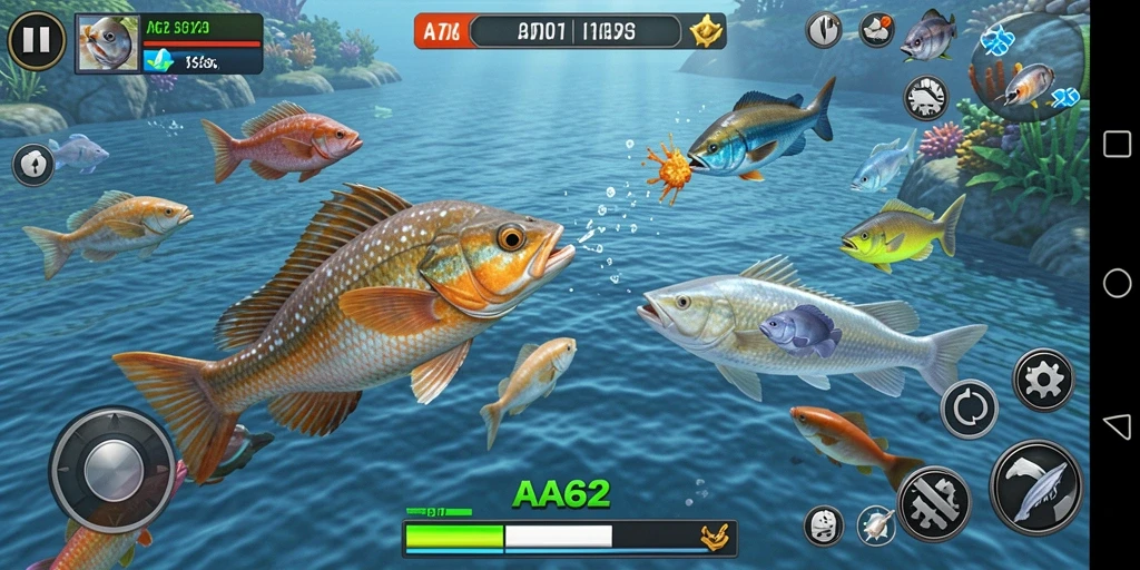 Screenshot utama AA62 yang menampilkan aksi menembak ikan yang seru.
