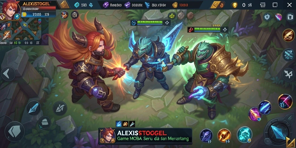 Tampilan screenshot ALEXISTOGEL menampilkan aksi seru dalam pertarungan tim MOBA.