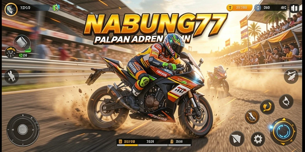 Screenshot gameplay NABUNG77 dengan aksi balapan motor yang mendebarkan.