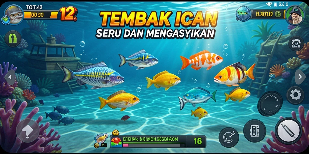 Screenshot TOTO12 menampilkan aksi menembak ikan di bawah laut.