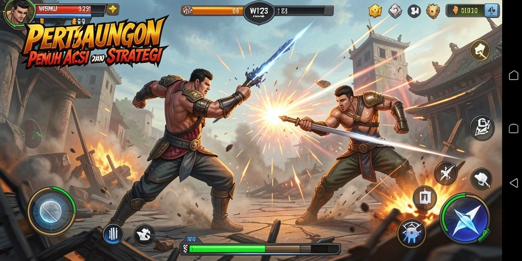 Screenshot utama WISNU123 menampilkan adu kekuatan karakter dalam pertarungan yang seru.